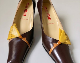 Size 38 Euro MIU MIU Brown, Yellow and Tan Leather Tulip Shoes