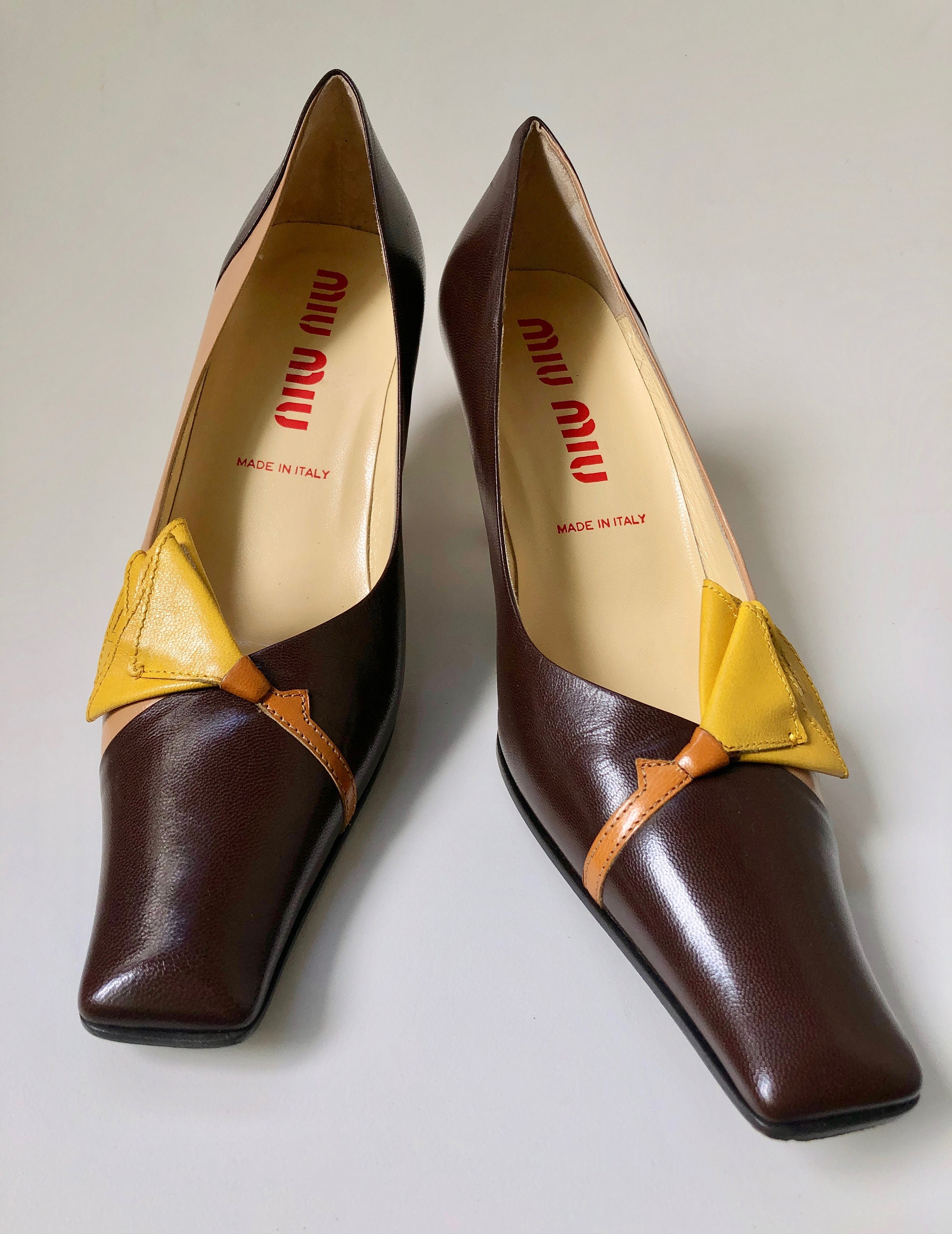 Size 38 Euro MIU MIU Brown, Yellow and Tan Leather Tulip Shoes
