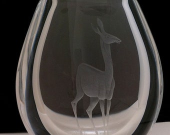 KOSTA Sweden Glass Vase Deer Etched by VICKE LINDSTRAND