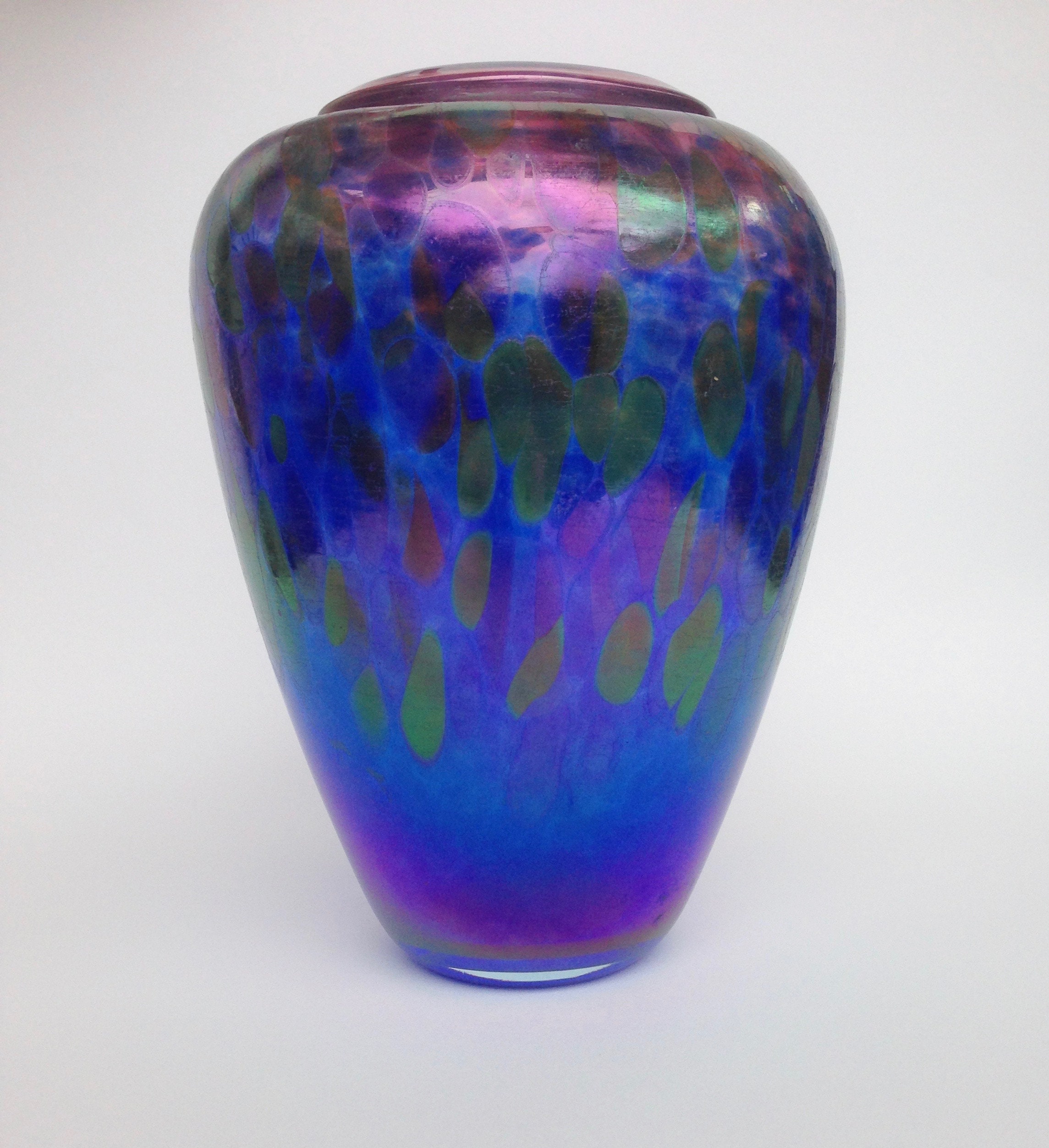 Robert Held Art Glass Iridescent Peacock Blue Vase Hand Blown Etsy