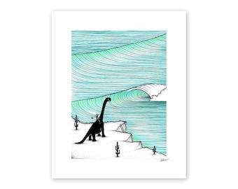 Surf Check Art Print: Dinosaur Surfing Ocean Waves, Giclee Print