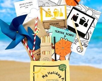 Holiday Activity Pack for kids full of games and activities, compostable and eco-friendly fun. Perfect for travelling on long journeys.