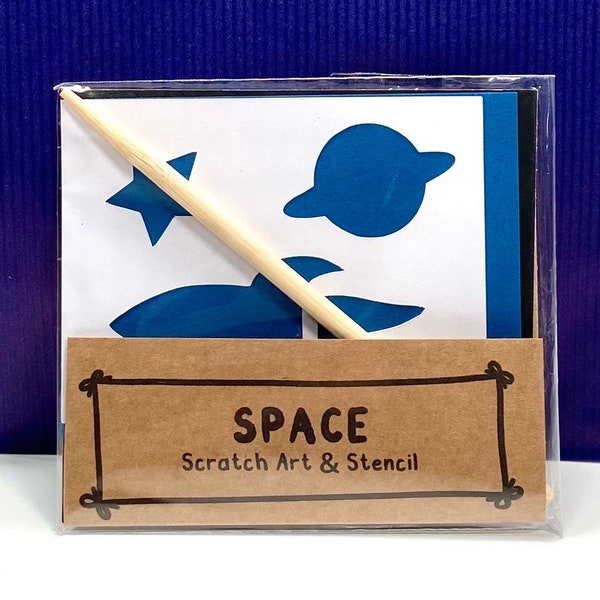 Space party scratch art and stencil, a great eco friendly party bag filler, party favour.