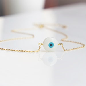 Tiny Evil Eye Necklace - Coin Necklace - Mother Of Pearl Necklace - Mother Of Pearl Evil Eye Pendant - Lucky Necklace - Boho Evil Eye Choker