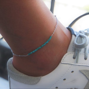 Turquoise Silver Anklet - Turquoise Anklet - Delicate Turquoise Anklet - Real Turquoise Ankle Bracelet - Crystal Anklet - Beach Jewelry Boho