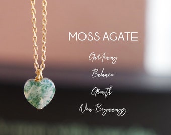 Collier coeur Moss Agate - Collier minimaliste Dainty Heart - Pendentif coeur - Collier inspiré de la nature - Bijoux Agate - Cadeau pour elle