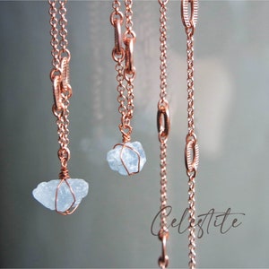 Raw Celestite Crystal Necklace: Wire Wrapped Rose Gold Pendant