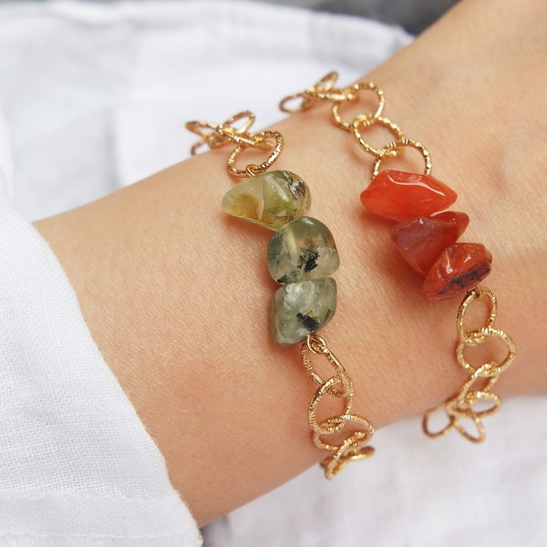 Carnelian Bracelet - Raw Crystal Bracelet - Prehnite Gemstone Bracelet - Statement Chunky Link Chain Bracelet - Chunky Gold Chain Bracelet