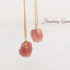Strawberry Quartz Raw Crystal Necklace - Natural Strawberry Quartz Crystal Necklace Wire Wrapped In Gold - Raw Strawberry Quartz Necklace