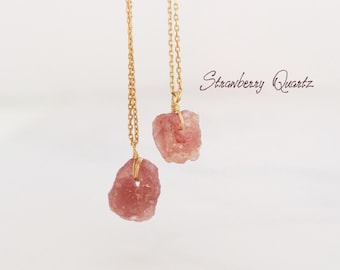 Strawberry Quartz Raw Crystal Necklace - Natural Strawberry Quartz Crystal Necklace Wire Wrapped In Gold - Raw Strawberry Quartz Necklace