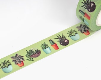 May include: A green washi tape with a repeating pattern of potted succulents in various colors and styles.