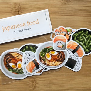 Japanese Food Sticker Pack 12pc / Sushi Sashimi Stickers / Ramen Stickers / Onigiri / Edamame / Planner Stickers / Laptop and iPad Stickers