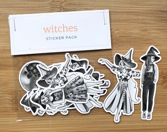 Witches Halloween Sticker Pack 10pc / Spooky Witchcraft Stickers / Inktober Illustration / Planner Stickers / Laptop Stickers