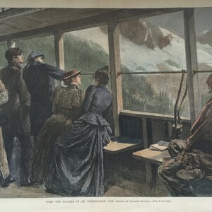 May include: A vintage illustration of people looking out the window of a train car. The train is traveling through a mountainous landscape. The people are dressed in Victorian era clothing. The illustration is in black and white.