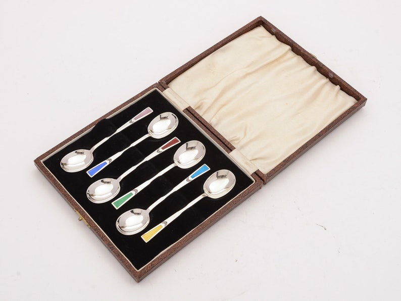 Sheffield 1935 Beautiful Art Deco Silver and Enamel Spoons