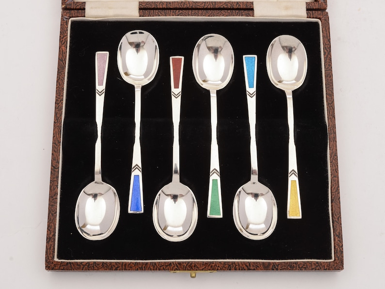 Sheffield 1935 Beautiful Art Deco Silver and Enamel Spoons