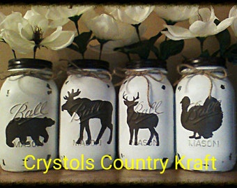Set of 4 Woodland animal vases, Rustic vases, deer vase, bear vase, turkey vase, moose vase, centerpieces, rustic decor, painted mason jars,