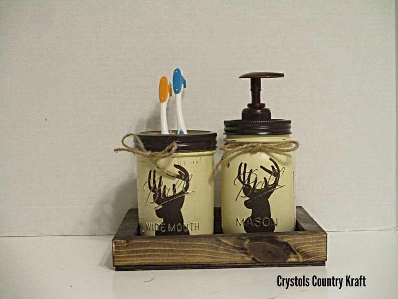 Deer bathroom soap and toothbrush holder set with rustic wood Etsy