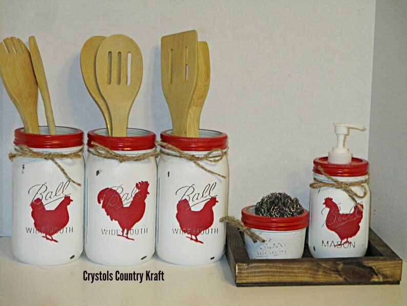 Rooster Kitchen Canister Sets Farm Animal Decor Soap Dispenser Utensil Holder Farmhouse Set Mason Jar