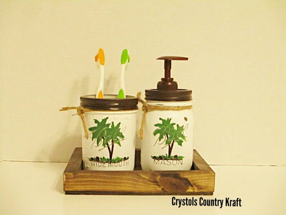 Palm Tree Bathroom Set Tropical Tree Soap Jar And Toothbrush Etsy