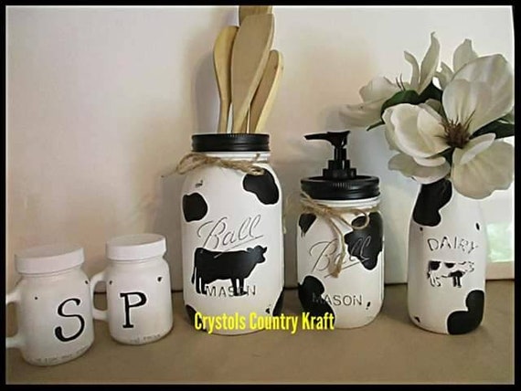 Cow farmhouse kitchen sets farm animal soap and utensil jar | Etsy