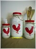 rooster canister set, chicken kitchen sets, red rooster soap dispenser, rooster cookie jar, rooster utensil holder, farm animal canisters. 