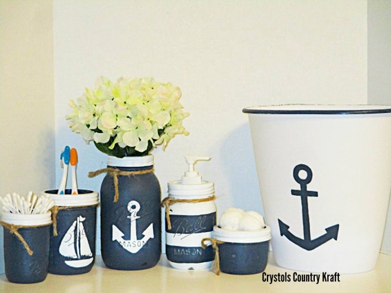 navy blue and white bathroom accessories