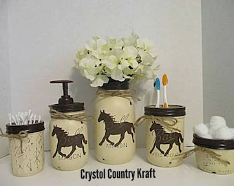 Horse bathroom décor, Horse soap and toothbrush jar, ranch décor, horse , Western bathroom set, Horse décor, western toothbrush jar
