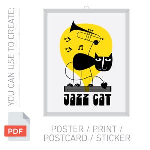 May include: A framed poster featuring a black cat playing a trumpet against a yellow backdrop. The words "Jazz Cat" are printed below the cat. Musical notes and a heart are also included in the design.