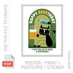 May include: A framed poster with a cartoon cat holding a beer mug and a fish. The poster says "Happy Beerthday" and "I Fish You Lot of Beer & Happiness!". The poster is labeled "Poster / Print / Postcard / Sticker".