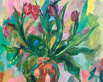 Tulips. Floral Composition. Floral Acrylic Painting; Expressionist Art; Wall Decor; Signed Art