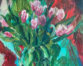 Pink Tulips in a Glass Vase. A Variation. Floral acrylic painting; expressionist art; signed art