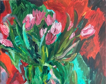 Pink Tulips in a Glass Vase; Floral Acrylic Painting; Expressionist Art; Wall Decor; Signed Art