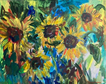 Sunflowers. Floral Composition. Floral acrylic painting; expressionist art; wall decor; signed art