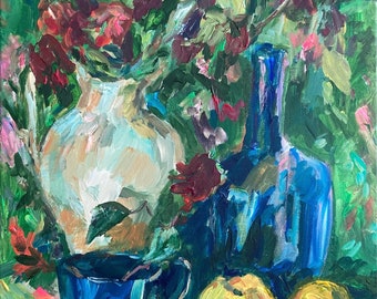 Still Life. Cobalt Blue and Dusty Terracotta. Wall Decor; Signed Art