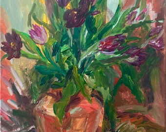 Tulips in a Terracotta Vase; Floral Acrylic Painting; Expressionist Art; Wall Decor; Signed Art