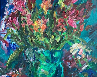 Tulips in a Green Vase; Floral acrylic painting; expressionist art