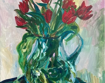 Scarlet Tulips. Floral Acrylic Painting; Impressionist Art; Wall Decor; Signed Art