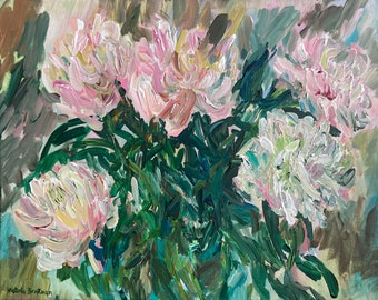 Peonies. Floral acrylic painting; impressionist art; wall decor; signed art