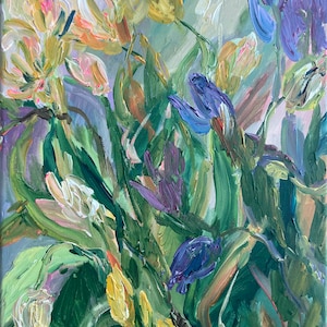 Tulpen. Bloemensamenstelling. Bloemen acrylschilderij; Expressionistische kunst; Wanddecoratie; Gesigneerde kunst