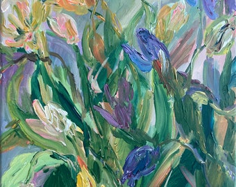 Tulips. Floral Composition. Floral Acrylic Painting; Expressionist Art; Wall Decor; Signed Art