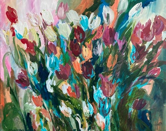 Blue Tulips. Floral Composition. Floral Acrylic Painting; Expressionist Art; Wall Decor; Signed Art