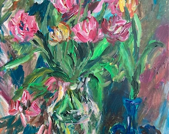 Tulips in Bloom. Floral acrylic painting; expressionist art; signed art