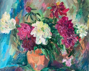 Peonies in a Terracotta Vase; Floral Acrylic Painting; Expressionist Art; Wall Decor; Signed Art; Wedding, Anniversary, Birthday