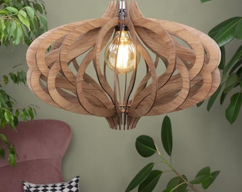 Wood pendant shade- slatted Scandinavian ceiling fixture for dining room, wooden chandelier