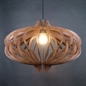 Wood pendant shade- slatted Scandinavian ceiling fixture for dining room, wooden chandelier