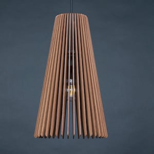 May include: A wooden pendant light with a conical shade made of thin, vertical slats. The light is turned on and illuminates the room.