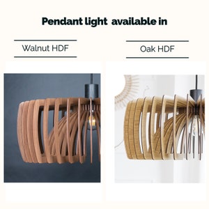 May include: A wooden pendant light with a geometric design. The light is available in two finishes: walnut and oak.