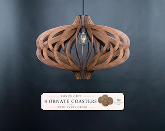 Wood Pendant Light – Scandinavian Geometric Wooden Ceiling Light, Modern Chandelier for Kitchen Island & Dining Room