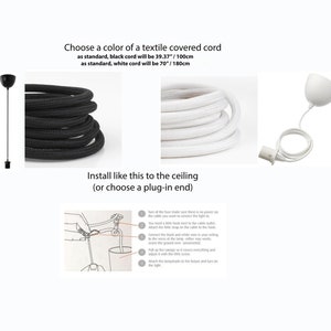 May include: A black and white textile cord for a pendant light fixture. The cord is shown coiled and hanging from a ceiling hook. The image includes instructions for installing the light fixture.